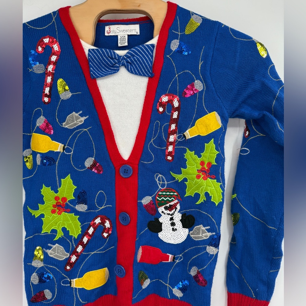 Jolly Sweaters Sequin Bow Tie Christmas Sweater‎ Blue Ugly Lights Sparkle Sz S